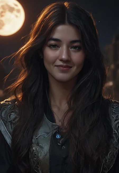 vnzxl,beautiful Queen Mab, long hair, smiling,looking to viewer, medium shot,moon reflecting off face, dark hair, Apocalyptic, Viktor Miller, Kyle Lambert, Charlie Davis, divine proportion, ink, artwork, Royo, cinematic, 16k, sharp focus emitting diodes smoke sparks artstation hyperrealism painting concept art of detailed character design matte painting