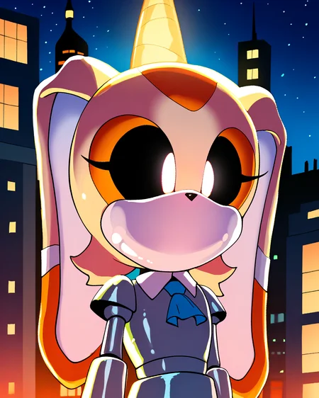 score_9, score_8_up, solo, Cream the rabbit, glowing eyes, black sclera, robot, metal skin, shiny skin, no mouth, smooth shading, outdoors, robot joints, night, city, dim lighting, horror theme, <lora:Robotization_Pony:0.75>, score_9, score_8_up,