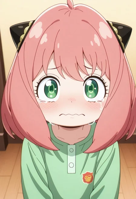 masterpiece,best quality,amazing quality,anya forger, pink hair, female child, child, green eyes, medium hair, 1girl, solo, cone hair bun, wavy mouth, hair bun, tears, looking at viewer, green shirt, shirt