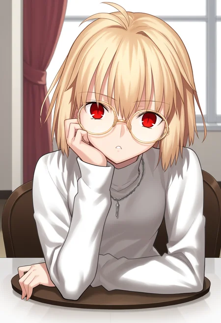 arcdefault, arcglasses, glasses, round eyewear, 1girl, solo, turtleneck sweater, necklace, red eyes, indoors, sitting, table, head rest, looking at viewer, window