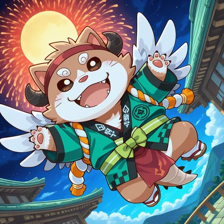 masterpiece, colorful, amazing_quality, vibrant, very aesthetic, luminous lighting, detailed background, BREAK <lora:orto-000010:1> (cs-orthro, chimerism, chibi), 1other, no_sclera, solo,
, japanese clothes, red small hairband, tasuki, happi, green_obi, white tabi, sandals, shimenawa, white-green kouhaku_nawa, red pelvic_curtain, flying, dynamic angle, dynamic pose, bottomless,