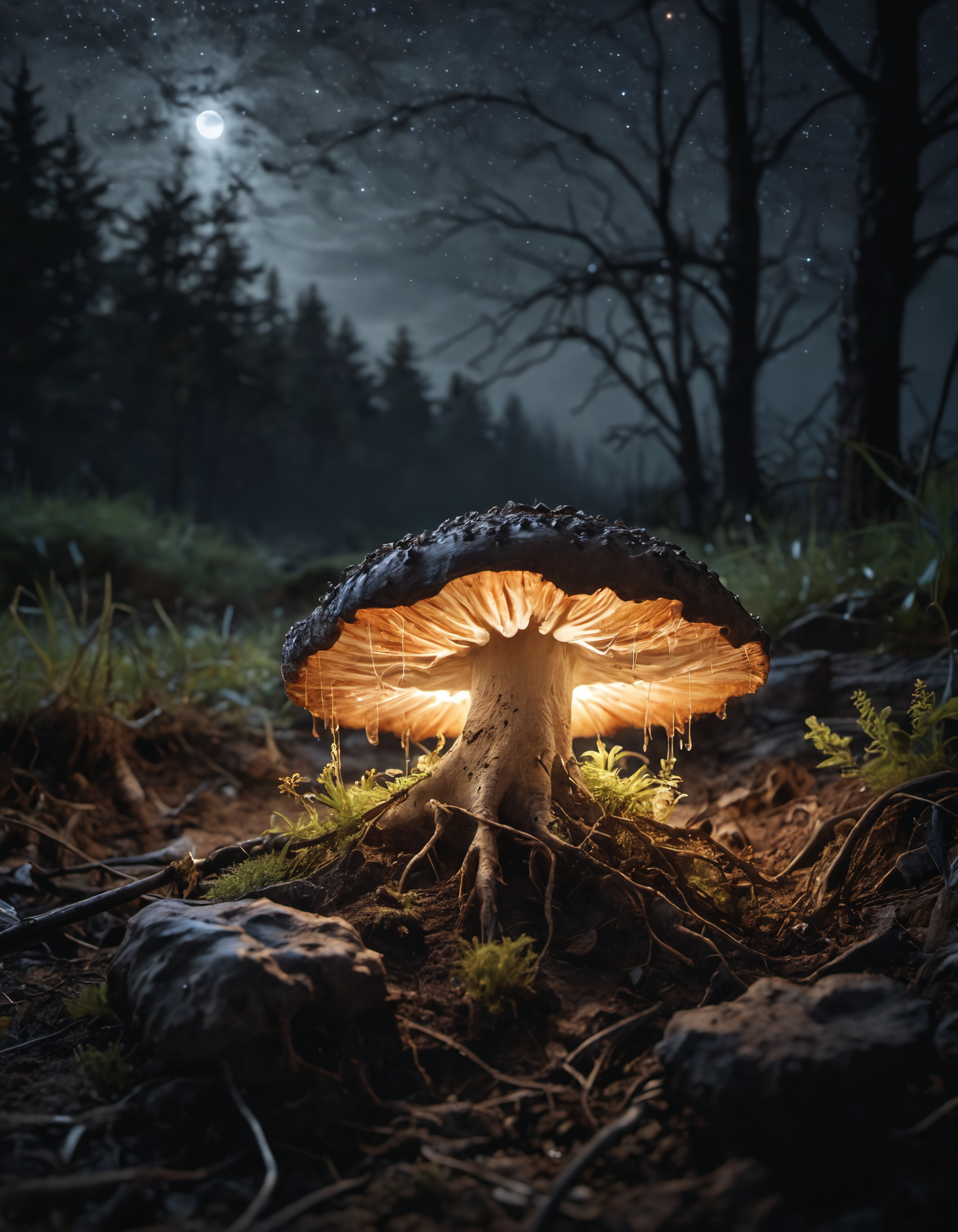 a contaminated ground,   a glowing fungus growing over a carcass, photorealism, intricate details, extremely detailed, masterpiece, masterpiece, Outstanding intricacies, best quality, hires textures, high detail, incredibly detailed, Cinematic Lighting, at night, Cinematic photography, movie mood, cinematic light, compelling composition, storytelling elements, conveys emotion, mood, and narrative depth, creating visually striking images that feel like still frames from a film, night photography, nocturnal beauty, city lights, starry skies, celestial wonders, moonlit landscapes, urban glow, capturing the essence of darkness, ethereal atmosphere, dramatic shadows, magical ambiance, long exposure techniques, expert use of light sources