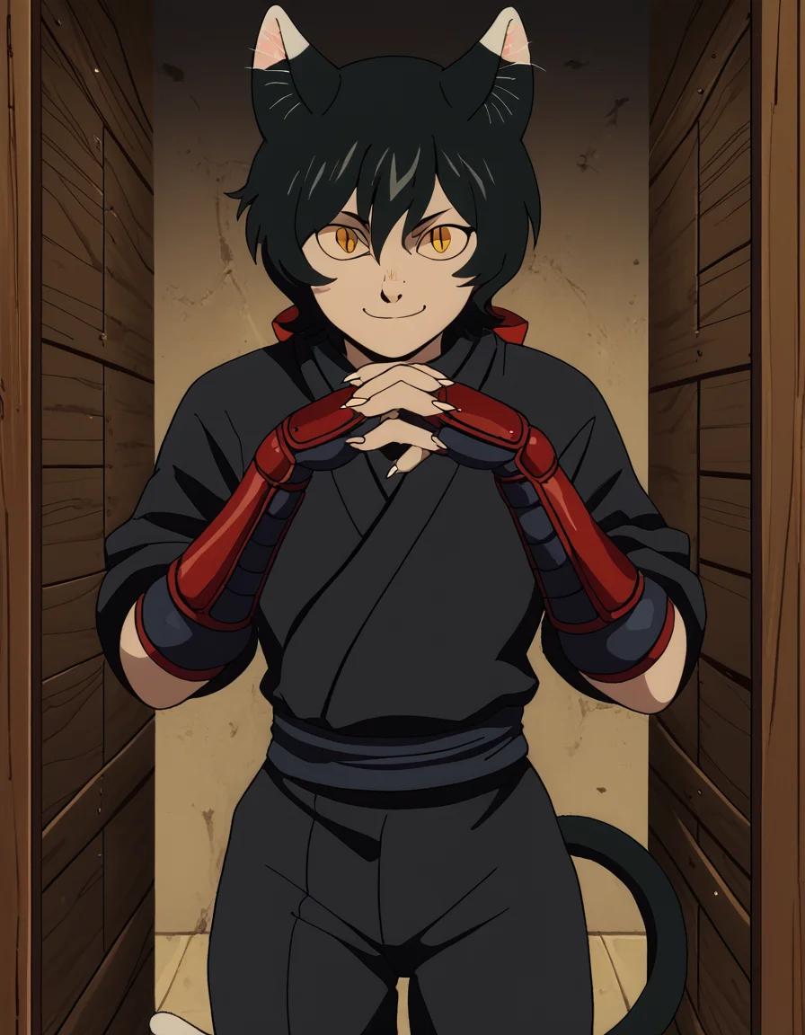 score_9, score_8_up, score_7_up, source_anime, <lora:izutsumi-s1-ponyxl-lora-nochekaiser:1>, izutsumi, black hair, animal ears, tail, yellow eyes, cat ears, cat tail, cat girl, slit pupils,, japanese clothes, gauntlets, ninja, black shirt, black pants,, phone booth, glass, phone, street, retro, smile, <lora:gendou-pose-ponyxl-lora-nochekaiser:1>, gendou pose, own hands clasped, own hands together, parody,, looking at viewer, solo,, dutch angle, cowboy shot