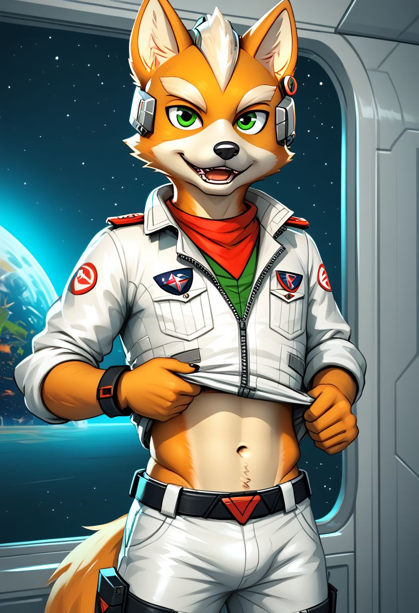 score_9, score_8_up, score_7_up, score_6_up, score_5_up, score_4_up, source_furry, Fox McCloud, Starfox, male, spaceship, solo, lifting up uniform, midriff, navel, happy look, looking at viewer, y2k3dnerdessence