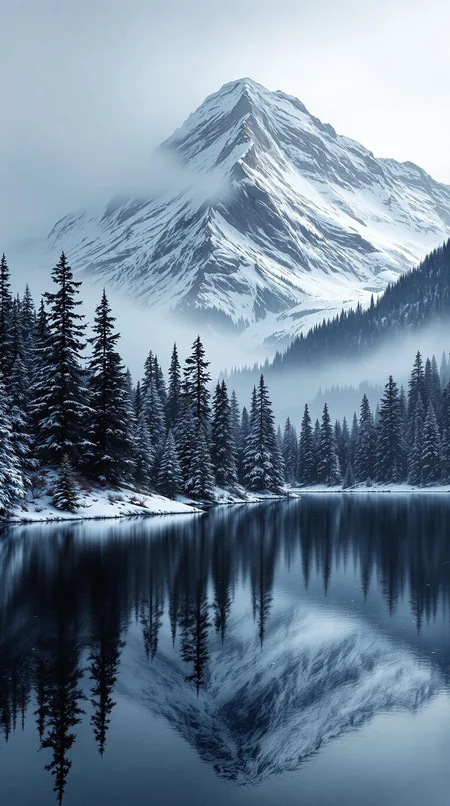 a mountain landscape, a forest of fir trees to mountain flan, a lake in the foreground, trees reflected in the water of the lake, snowy mountain in background, foggy and snowy landscape, dark and cold atmosphere, contrast shading