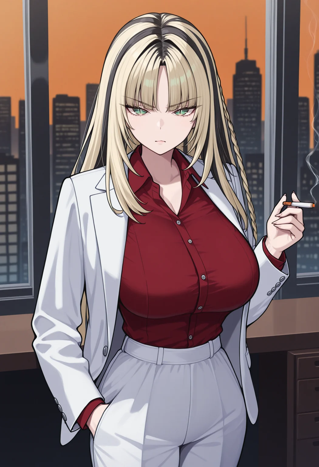masterpiece, best quality, 1girl, solo, KoganeiNiko, green eyes, slit pupils, multicolored hair, blonde hair, black hair, long hair, side braid, yakuza, white suit, red shirt, collared shirt, open jacket, white pants, looking at viewer, angry, smoking, holding cigarette, indoors, office, skyscraper, window, skyline, <lora:ChamKoganeiNikoIllustriousXL:1>