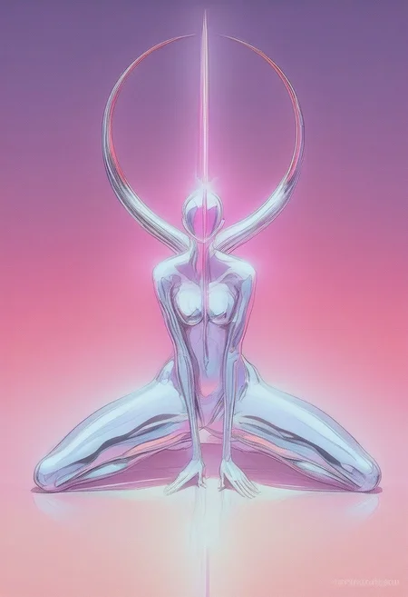 In this hyper-detailed Chromecore art piece, a vibrant scene captures a woman kneeling in a seated position on a flawlessly reflective mirror floor. She wears the iconic Sailor Moon outfit, the bright, saturated colors of the uniform contrasting vividly against her body, which is covered in a metal skin texture featuring an iridescent, glossy sheen from the neck down. Her skin exhibits a gradient of vibrant hues, showcasing a colorful array that shines brilliantly against a simple dark and blue background, amplifying her presence with bright, vibrant colors.
Her posture is calm and composed, her head tilted backward in a graceful arch, eyes gently closed as if in a deep meditative state, exuding a serious expression that emphasizes a sense of peace and serenity. The minimalist surroundings enhance the impact of her chromatic figure, with dark pillars rising like monoliths, framing the scene and contributing to the dark vibes and dark fantasy atmosphere.
These towering structures add a serious tone, contrasting with her expressionless but colorful form. The mirror-like floor reflects every detail of the scene, including the luminous quality of her chromatic skin and the intricate folds of her outfit, amplifying the ethereal beauty of the moment. This visual harmony between the luminous figure and the minimalist, shadowy environment merges the dreamy aesthetic with stark contrasts, embodying the essence of Chromecore. animaport