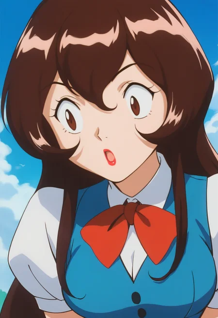 score_9, score_8_up, score_7_up, score_6_up, source_anime, BREAK 
<lora:PMGiselle:0.8>, PMGiselle, 1girl, very long hair, brown hair, hair between eyes, bangs, brown eyes, lipstick, breasts,
puffy short sleeves, white kneehighs, red bowtie, white shirt, blue vest, blue skirt, pleated skirt, black shoes,
:o, looking away, close-up, leaning forward, upper body, surprised, 
BREAK school, day, blue sky,