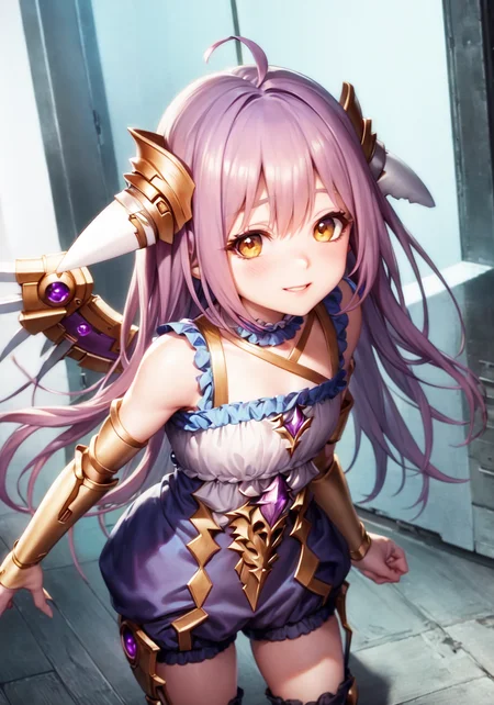 a beautiful masterpiece portrait of (Aenea24:1.2) standing, 1girl, (highres, 4k, 8k wallpaper,) realistic, hyperrealistic, ((official art, game cg, cygames, shadowverse)), solo, expressive face, realistic face, cute face, long hair, (petite), (cute), petite, best quality, stomach, belly, textured clothing, textured skin, ultra-detailed, empty eyes, detailed eyes, expressive face, realistic face, nose, blush, small breasts, cute, 1girl, thighhighs, solo, shorts, wings, sleeveless, bangs, frills, dress, ahoge, gears, choker, armlet, breasts, jewelry, android, headgear, collarbone, robot, shirt, purple hair, long hair, yellow eyes, mechanical wings, looking at viewer, hair ornament, white thighhighs, small breasts, brown eyes, hair between eyes, bare shoulders, v-shaped eyebrows, sleeveless dress, white dress, zettai ryouiki, short dress, (short shorts), (frilled shorts), mechanical arms, parted lips, single mechanical arm, mecha musume, ((puffy shorts)), frilled thighhighs, (blue shorts), science fiction looking at viewer, smile, cinematic lighting, android, full body, straight-on,
