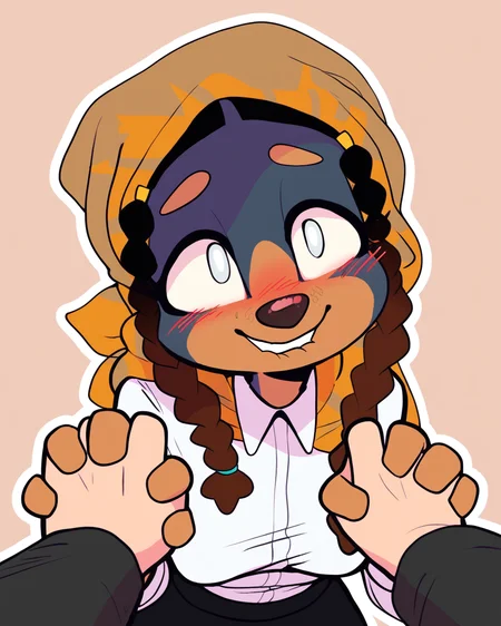 score_9_up, score_8_up, score_7_up, score_6_up, dog, furry female, multicolored body, blush, blind, brown headscarf, female, furry, tail, white eyes, medium breasts, braided pigtails, male/female, smile, biting lip, happy, first person view, humanoid hands, human, hand holding, black skirt, looking ahead, white topwear, simple background, white outline, <lora:Leah_Pines(AIM)_XL_v1:0.15> <lora:PDXL_artist_tags_v2_big:0.5> <lora:The-Minuscule-Task_PDXL_v1.0:0.6> <lora:Quelea_CanaryPrimary:0.7>