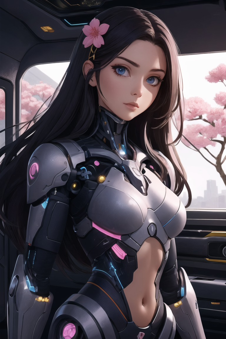 pretty cyborg lady, lots of details, sakura flowers, fine art, futuristic setting