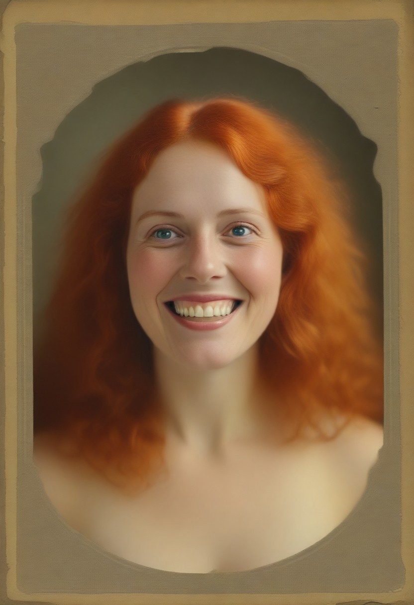 vintage victorian photograph of circus woman, long red hair, gummy smile, elaborate frame,Vintage_Abstract_Film