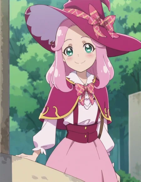 score_9, score_8_up, score_7_up, anime screencap, solo,1girl,hanamikotoha, green eyes,pink hair,school uniform, witch, pink witch hat, pink skirt,capelet,suspender,cowboy shot,smile,blush,looking at viewer,small breasts,<lora:hanamikotoha:0.8>