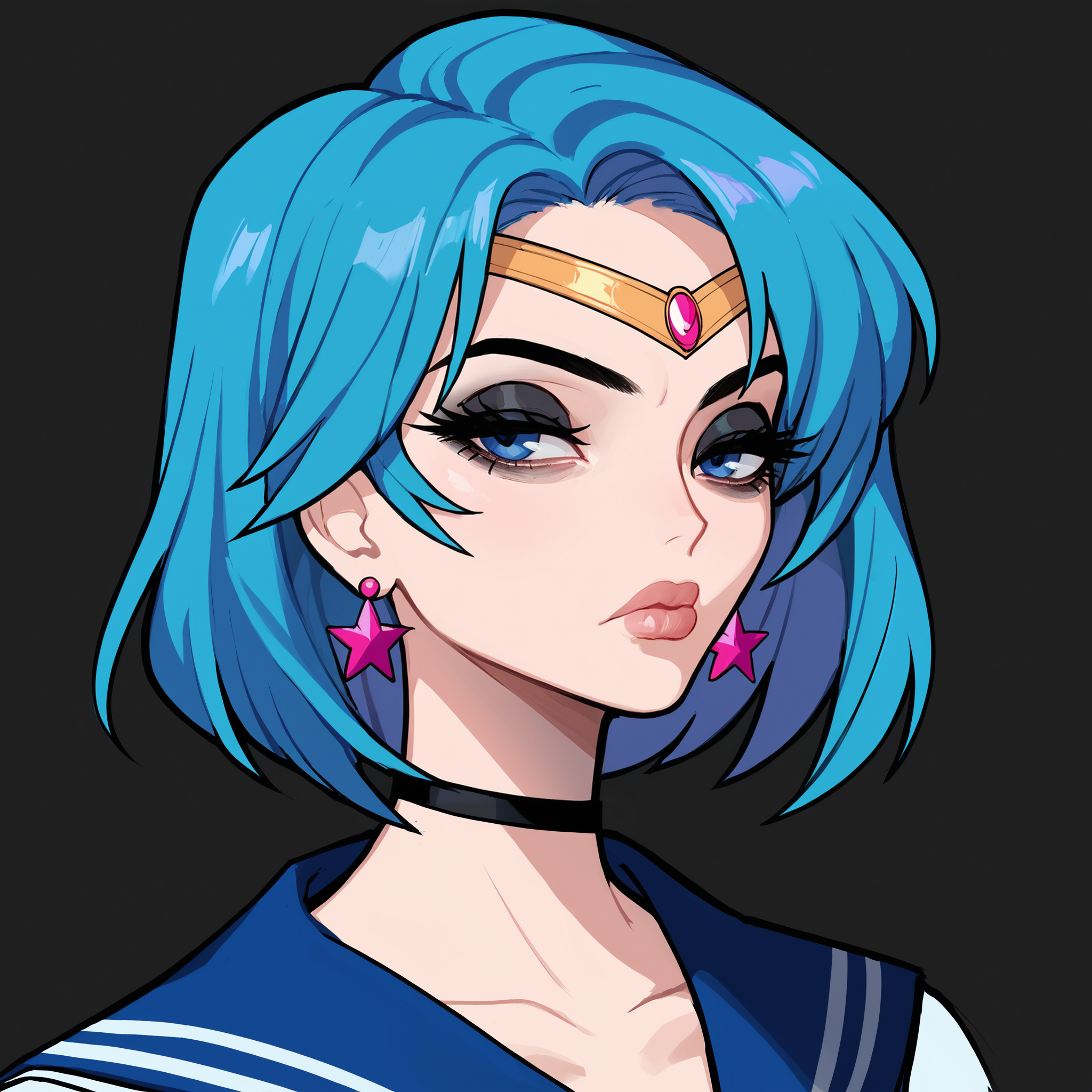 score_9, score_8_up, score_7_up, score_6_up, score_5_up, score_4_up,
BREAK
sailor mercury, blue hair, short hair, blue eyes, circlet, black eyeshadow, black eyeliner, long eyelashes, black choker, black lips, thick lips, pout, half-closed eyes, hoop earrings, bags under eyes, looking at viewer,
BREAK
solo, portrait, blue serafuku, blue sailor collar,
BREAK
black background, simple background, angled shot, <lora:Lunas-Ennuigrl-SDXL-A1:1>