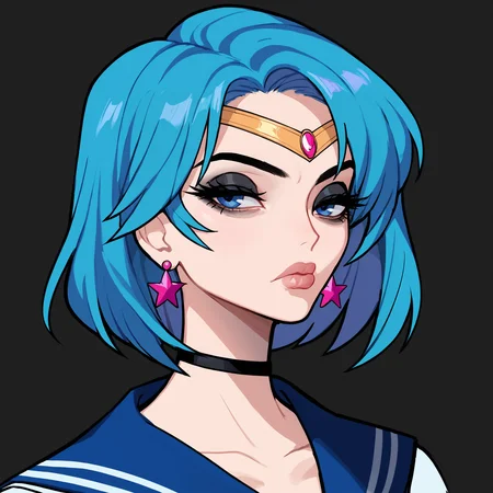 score_9, score_8_up, score_7_up, score_6_up, score_5_up, score_4_up,
BREAK
sailor mercury, blue hair, short hair, blue eyes, circlet, black eyeshadow, black eyeliner, long eyelashes, black choker, black lips, thick lips, pout, half-closed eyes, hoop earrings, bags under eyes, looking at viewer,
BREAK
solo, portrait, blue serafuku, blue sailor collar,
BREAK
black background, simple background, angled shot, <lora:Lunas-Ennuigrl-SDXL-A1:1>