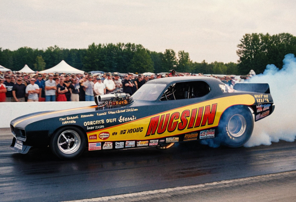 VintageMuscleCar, dragster, side view, race track, smoke trail, people, outdoors, 4K, highly detailed, (stylish grainy analog 35mm film photo)