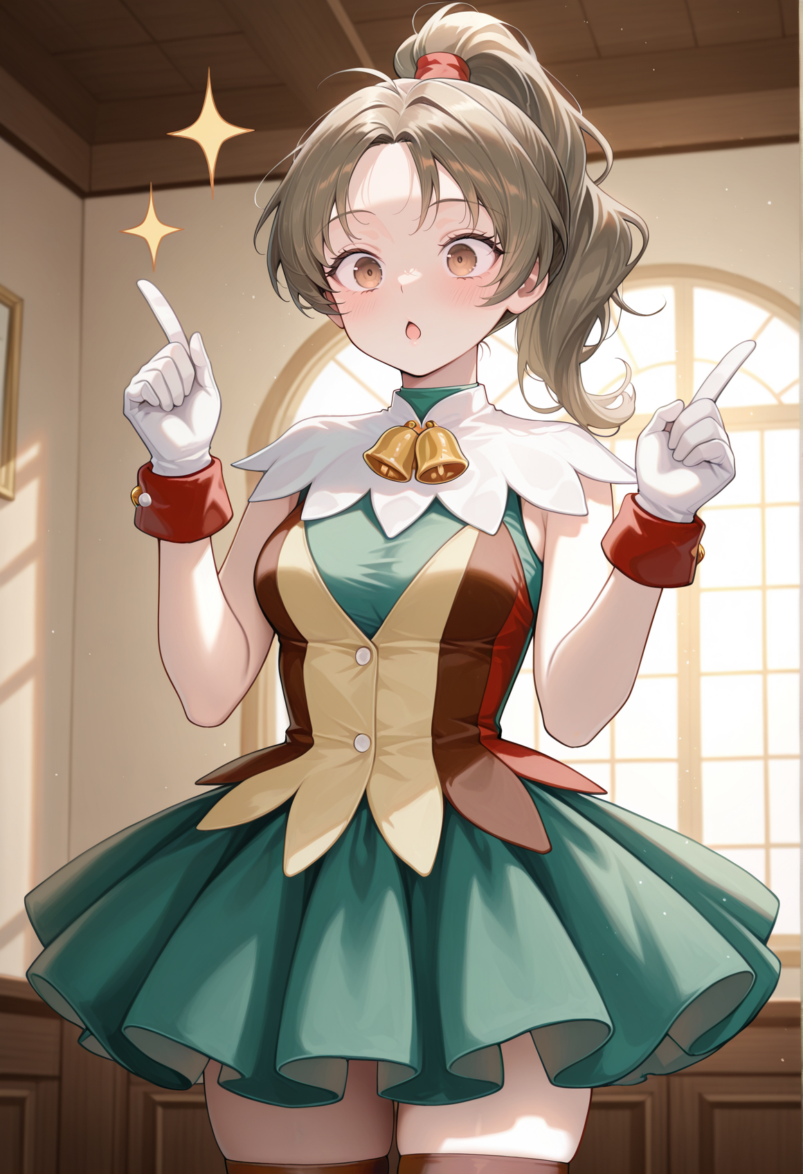 1girl, solo, brown hair, brown eyes, long hair, ponytail, jester costume, green skirt, white collar, bell chocker, gloves, indoors, pointing up, chestnut mouth, thighhighs, cowboy shot,  <lora:meg_illus:1>, masterpiece, best quality, amazing quality, very aesthetic, absurdres, highres, newest