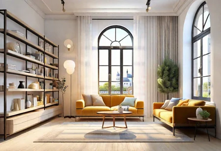 ((front view)), ((animation style)), modern-style interior, with white walls, (large windows), Nordic-style furniture, a  study, Sofa, coffee table, bookcase, single wall, 
warm light morning sun, (the view of the city)