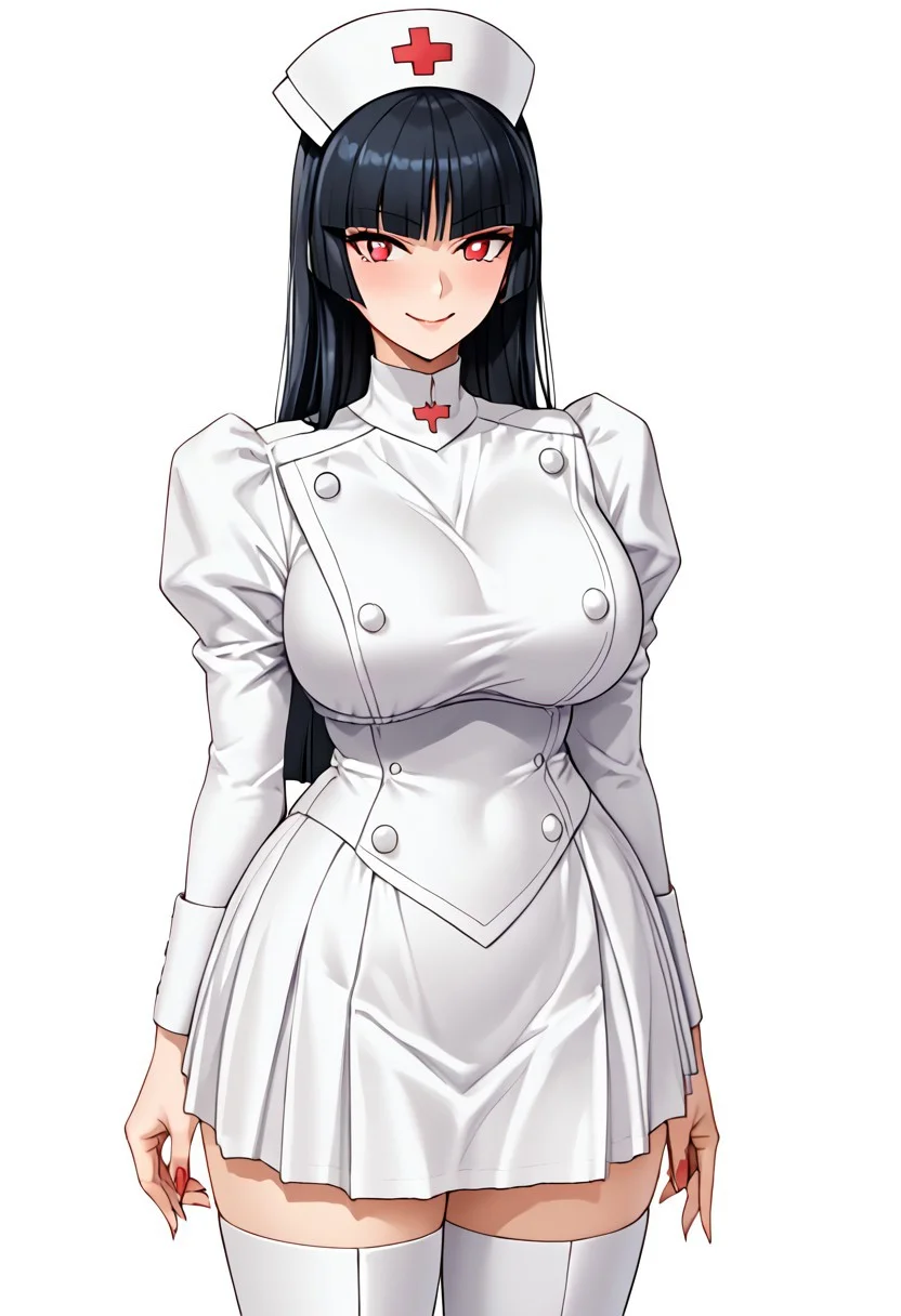 score_9,score_8_up,score_7_up,source_anime,5_figner,2d_animation,game cg,BREKE,
POKEMONSABRINA, BLACK HAIR, LONG HAIR, BANGS, BLUNT BANGS, RED EYES, HIME CUT, SIDELOCKS,WHITE PUPILS,1girl,solo,
nurse,buttons,nursecap,long sleeves,knee boots,pleated skirt,
gigantic breasts,thick hips,thick thighs,thick waist,disproportionate breasts,huge areolae,
covered erectile nipples,covered the breast,curves,glamour,blush,smile,upper body,standing,
simple background,white background,
masterpiece,best qualit,ultra-detailed,illustration,an extremely delicate and beautiful,beautiful detailed eyes,unity 8k wallpaper,high resolution,anime CG,official_art,