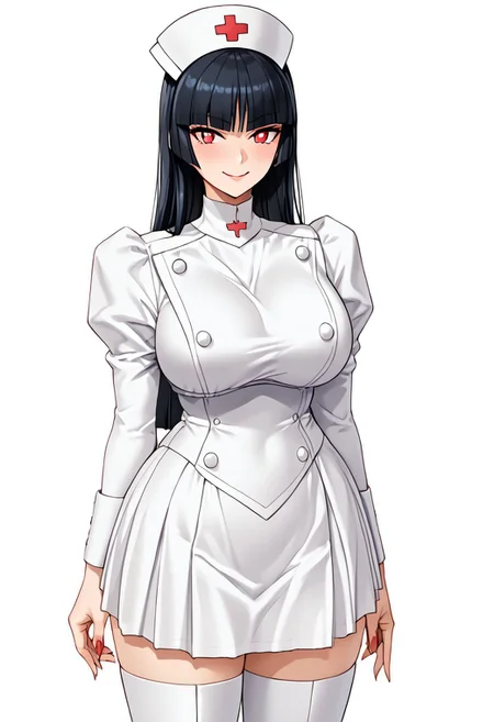 score_9,score_8_up,score_7_up,source_anime,5_figner,2d_animation,game cg,BREKE,
POKEMONSABRINA, BLACK HAIR, LONG HAIR, BANGS, BLUNT BANGS, RED EYES, HIME CUT, SIDELOCKS,WHITE PUPILS,1girl,solo,
nurse,buttons,nursecap,long sleeves,knee boots,pleated skirt,
gigantic breasts,thick hips,thick thighs,thick waist,disproportionate breasts,huge areolae,
covered erectile nipples,covered the breast,curves,glamour,blush,smile,upper body,standing,
simple background,white background,
masterpiece,best qualit,ultra-detailed,illustration,an extremely delicate and beautiful,beautiful detailed eyes,unity 8k wallpaper,high resolution,anime CG,official_art,