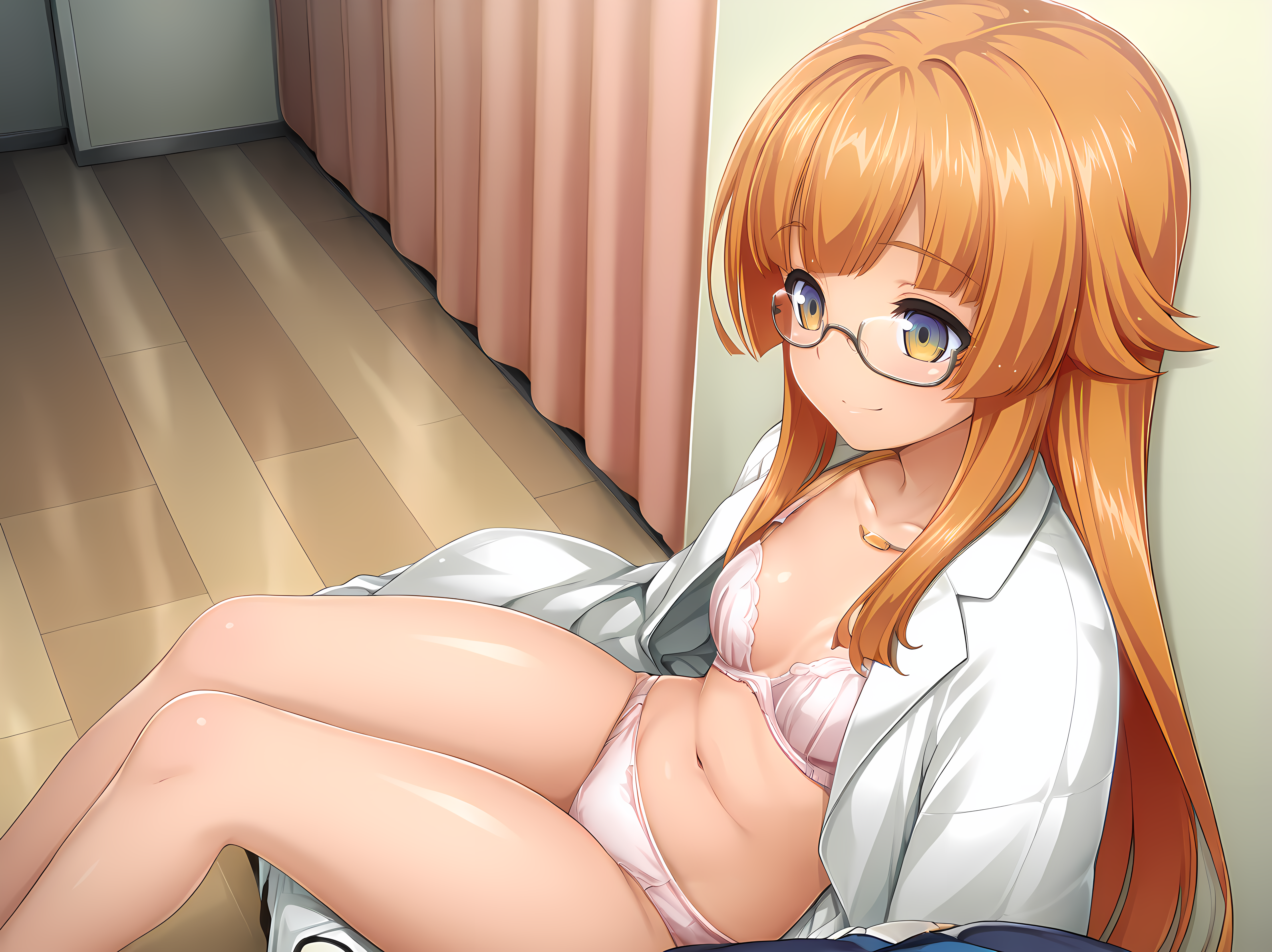 <lora:Yuri_Amakubo_-_Exstia_Illustrious:1>,1girl,yuri amakubo,yellow eyes,multicolored eyes,solo focus,cowboy shot,smile,breasts,indoors,orange hair,small breasts,underwear,panties,bra,labcoat,under-rim eyewear,sitting,bare legs, open coat,, masterpiece,best quality,amazing quality,