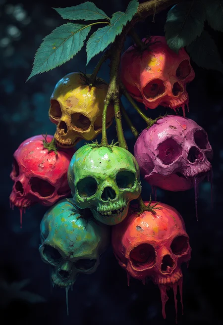 zombie fruits hanging from a branch, vibrant glow
