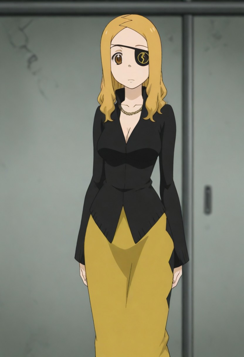 masterpiece, best quality, amazing quality, 1girl, solo,,, shiny skin,,,<lora:Marie_Mjolnir:1>mmjolnir, blonde hair, long hair, brown eyes, right eyepatch,, cleavage, necklace, black dress , gold skirt, long skirt, long sleeves, jewelry,
