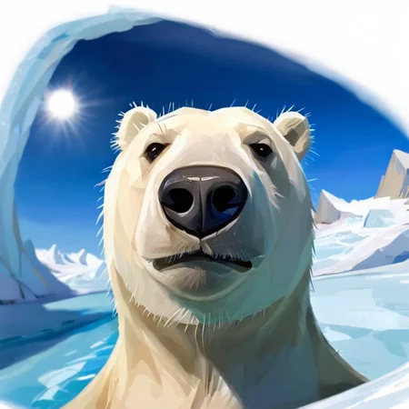 polar bear, iceberg in the background, <lora:albeniz-rodriguez-style-1024:0.7> albeniz rodriguez style, caricature, fisheye view