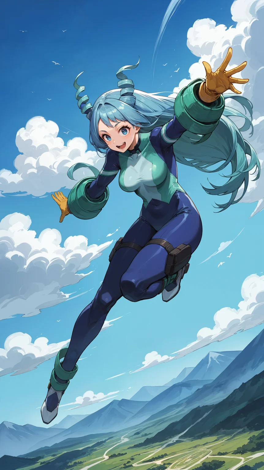 score_9,score_8_up,score_7_up,score_6_up, <lora:xl_more_art-full_v1:0.5>, source_anime, girl, dynamic pose, head down, <lora:Nejire Hado - Pony-000004:0.8>, long hair, blue hair, drill hair, hair horns, blue eyes, blue bodysuit, teal bodysuit, multicolored bodysuit, black thigh straps, teal armguards, yellow gloves, happy, floating, flying, mountainous horizon, clouds, from above high up,