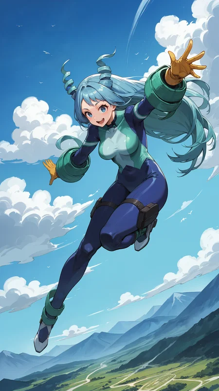 score_9,score_8_up,score_7_up,score_6_up, <lora:xl_more_art-full_v1:0.5>, source_anime, girl, dynamic pose, head down, <lora:Nejire Hado - Pony-000004:0.8>, long hair, blue hair, drill hair, hair horns, blue eyes, blue bodysuit, teal bodysuit, multicolored bodysuit, black thigh straps, teal armguards, yellow gloves, happy, floating, flying, mountainous horizon, clouds, from above high up,