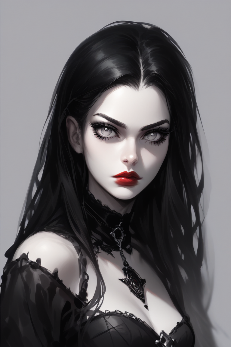 score_9, score_8_up, score_7_up, (illustration),(concept sketch:1.4),(flat color:0.9),(realistic:1.15), goth girl, gothic girl, 1girl, pale skin, long hair, red lips, bang,  high quality, gray eyes, simple background, dark background,  black clothes, detailed face, detailed eyes, black hair, eyelashes,   <lora:Goth_girl_XL-v2:0.8>,   <lora:Smooth Anime 2 Style SDXL_LoRA_Pony Diffusion V6 XL:0.8>