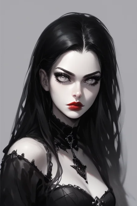 score_9, score_8_up, score_7_up, (illustration),(concept sketch:1.4),(flat color:0.9),(realistic:1.15), goth girl, gothic girl, 1girl, pale skin, long hair, red lips, bang,  high quality, gray eyes, simple background, dark background,  black clothes, detailed face, detailed eyes, black hair, eyelashes,   <lora:Goth_girl_XL-v2:0.8>,   <lora:Smooth Anime 2 Style SDXL_LoRA_Pony Diffusion V6 XL:0.8>