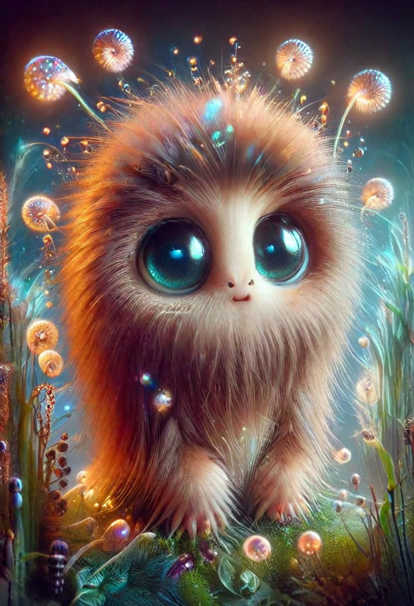 Mix the glowing-mushrooms, Guinea pig and curly fur to create adorable magical creature with big glowing eyes, masterpiece, Surrealism, close-up, macro photo, f/1.2, backlighting, Albert Edelfelt, multicolored hair