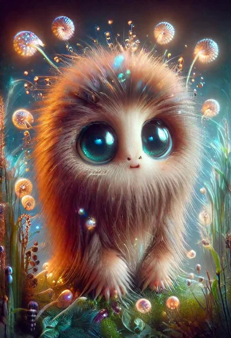 Mix the glowing-mushrooms, Guinea pig and curly fur to create adorable magical creature with big glowing eyes, masterpiece, Surrealism, close-up, macro photo, f/1.2, backlighting, Albert Edelfelt, multicolored hair
