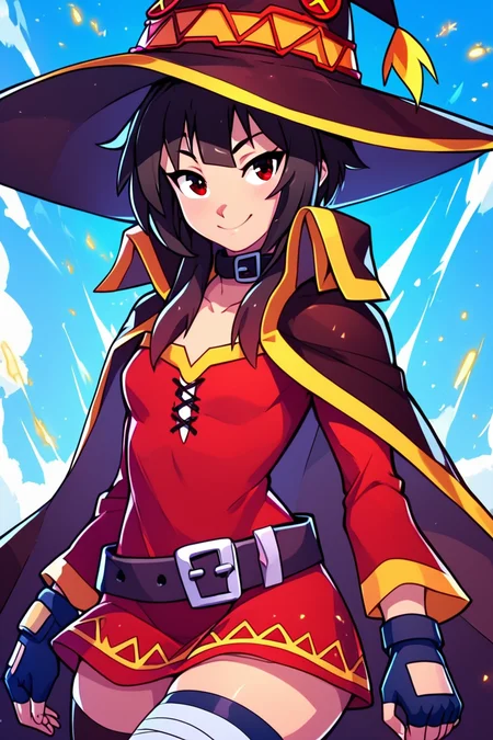 score_9, score_8_up, score_8, medium breasts, (curvy), cute, eyelashes, BREAK, , BREAK, <lora:konosuba-megumin-s2-ponyxl-lora-nochekaiser:0.7>, megumin, short hair, black hair, red eyes, short hair with long locks, thighhighs, gloves, hat, dress, black gloves, belt, black thighhighs, fingerless gloves, cape, collar, witch hat, bandages, red dress, single thighhigh, asymmetrical legwear, bandaged leg,, <lora:EnergyCAT:1.0>, solo, looking at viewer, upper body, aura, blue sky, , BREAK, smile, looking at viewer, cowboy shot, embedding:zPDXL, Expressiveh, <lora:SDXLFaeTastic2400:0.5>, <lora:Expressive_H-000001:0.4>,