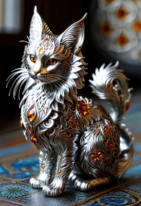 a unique, inadequate, unusual shape of random Mainecoon+botanical art object, filigree statuette, gloss metal silver, amber eyes, cloisonne enamel minankari, intricate details, ultra sharp, exquisite details, studio photo, soft lighting, End_JewelryMorph