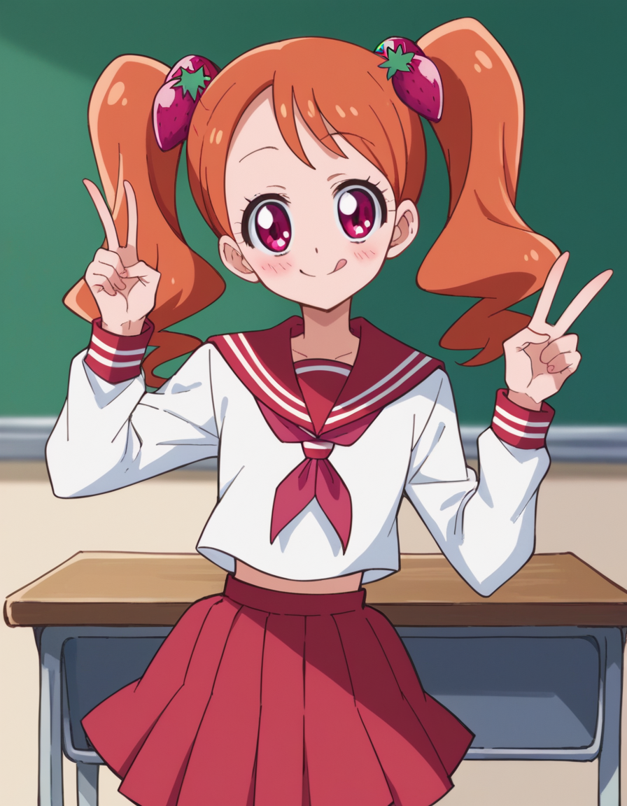 score_9, score_8_up, score_7_up, source_anime,
<lora:ichika-usami-anime-ponyxl-lora-nochekaiser:1>, ichika usami, hair ornament, twintails, pink eyes,
skirt, long sleeves, school uniform, serafuku, sailor collar, orange hair, red skirt, food-themed hair ornament, red sailor collar, strawberry hair ornament,
classroom, smile, blush, v, v over eye, tongue,
looking at viewer, cowboy shot, dutch angle, solo,
