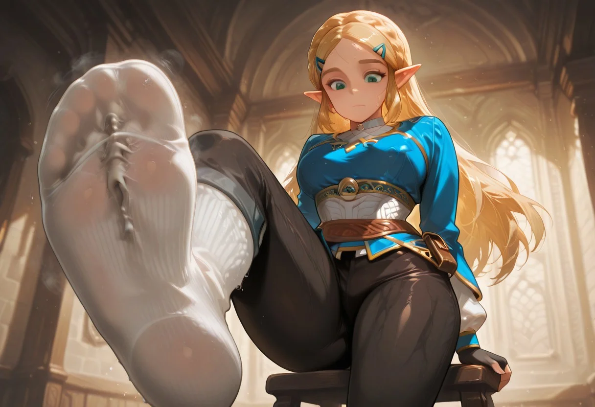 giantess, clothing entrapment, size difference, outline of person in clothing
sock entrapment, person outline in middle of sock, sock entrapment, sock entrapment, person outline in middle of foot, person inbetween sock and foot clothing entrapment, trapped inside,
outside, one foot forward, sitting on stool, foot focus, from below, sweaty, sweaty pantyhose,,
ZeldaSDXL, 1girl, solo, long hair, breasts, looking at viewer, bangs, blonde hair, shirt, hair ornament, gloves, long sleeves, medium breasts, closed mouth, green eyes, braid, pointy ears, black gloves, hairclip, pants, fingerless gloves, parted bangs, black pants, blue shirt, pouch, crown braid, princess zelda, white socks, 5 toes,,
masterpiece, best quality, ultra-detailed,