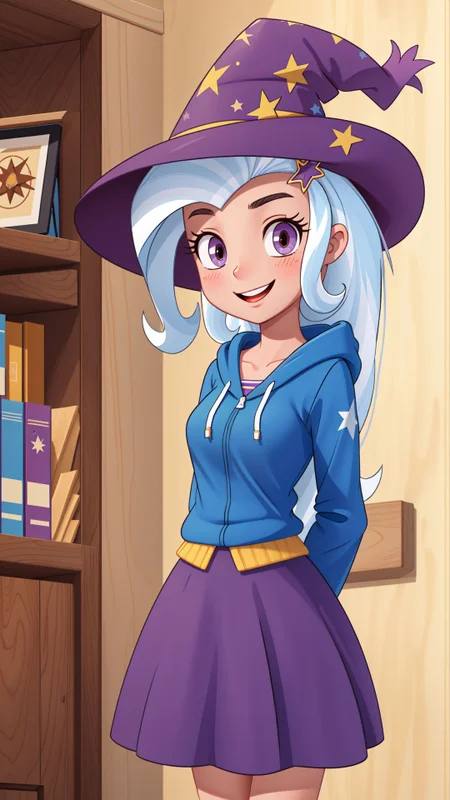 (masterpiece, best quality:1.2),<lora:mlp_trixie-10:1>,cowboy shot,solo,1girl,mlptrixie,colored skin,blue skin,smile,looking at viewer,arms behind back,star hair ornament,witch hat,blue hoodie,purple skirt,