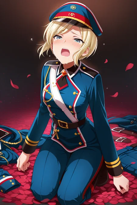 masterpiece, best quality, amazing quality,
 <lora:Fumi_IL:1> fumi, blonde hair, 1girl, short hair, petals, hat, solo, blue eyes, open mouth, uniform, headwear removed, tears, military uniform, military, pants, belt, kneeling