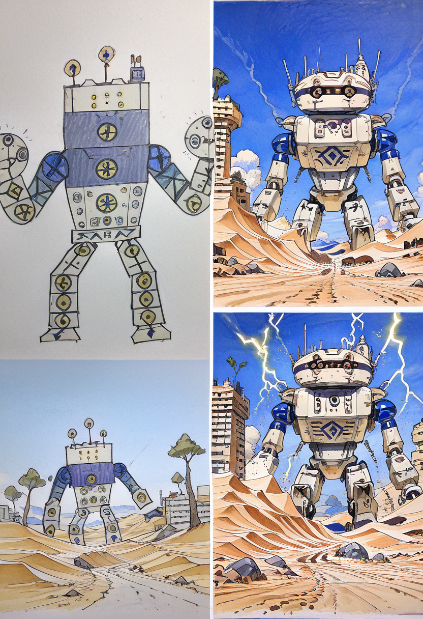masterpiece, best quality,   no humans, robot, mecha, blue sky, cloud, outdoors, building, science fiction, electricity, rock, desert, tree, nature, day, sand   ,<lora:Pr0VsN00b:1.0>,