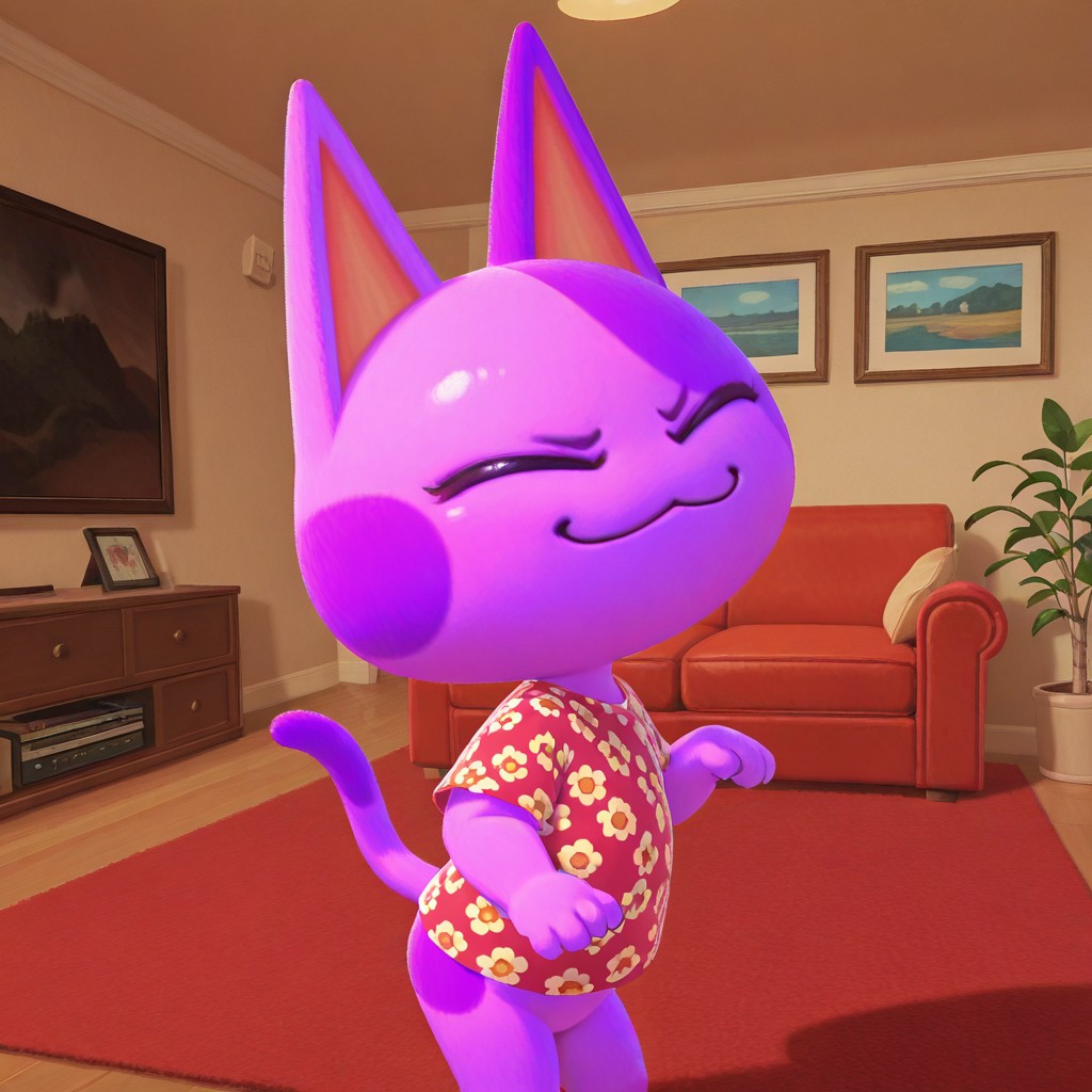 masterpiece, best quality, amazing quality, bob, 1boy, 
male, furry male, anthro, solo, cat, purple fur, two-tone fur, yellow sclera, black pupils, pointed ears, noseless, paw pads, tail, red floral shirt, standing, excited, closed eyes, indoors, living room