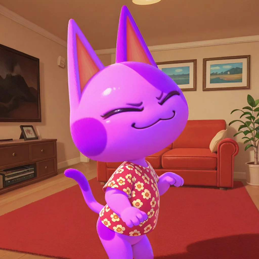 masterpiece, best quality, amazing quality, bob, 1boy,
male, furry male, anthro, solo, cat, purple fur, two-tone fur, yellow sclera, black pupils, pointed ears, noseless, paw pads, tail, red floral shirt, standing, excited, closed eyes, indoors, living room