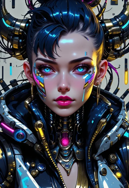A digital artwork in the style of cknc, beautiful cyberpunk girl, shaggy cut fiery middle dark blue hair, one cybernetic eye, smooth skin, detailed face with dark lipstick, wearing a tech-enhanced hoodie with neon accents and mechanical details, intricate cybernetic arm with exposed mechanics and glowing elements, working on a mechanical skull with integrated circuits and holographic displays, surrounded by detailed mechanical parts and tools, (neo-noir lighting), (cyberpunk workshop background), cables and mechanical tubes in background, detailed mechanical elements, cinematic composition, ultra detailed, sharp focus, illustration style, digital art, (masterpiece), (best quality), intricate details, professional lighting, volumetric lighting