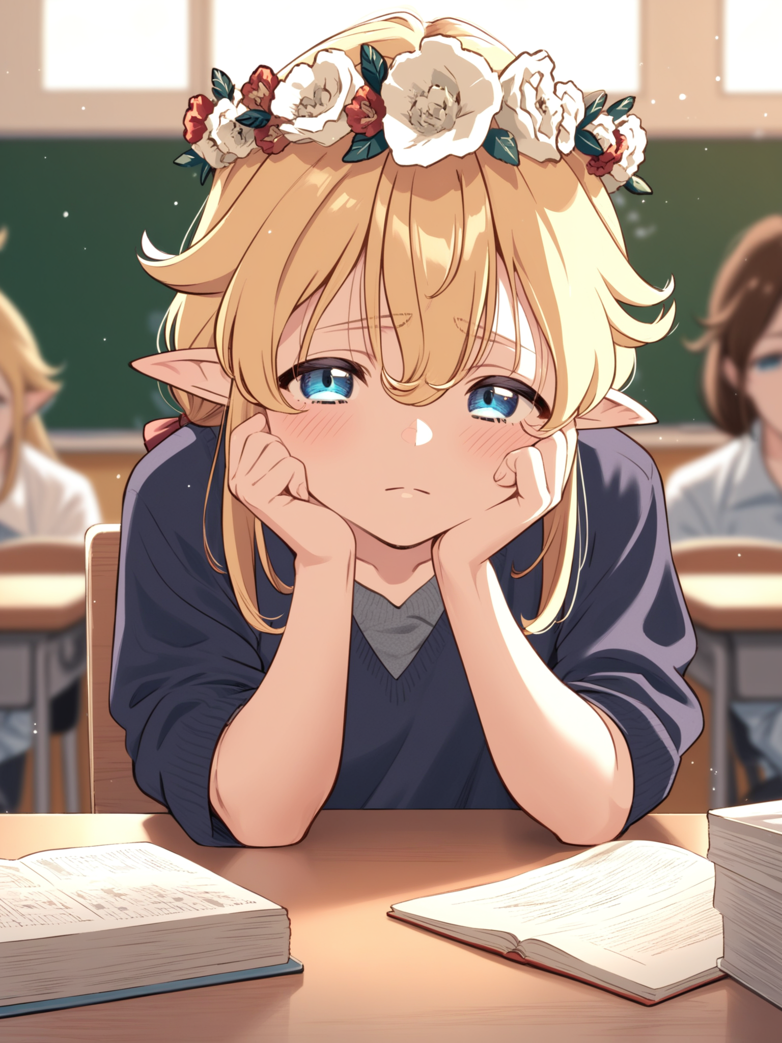 <lora:happy_tentacle-tsuruelko-v0.1-000011:1>, ht_tsuruelko, head wreath, blonde hair, medium breasts , sad, indoors, classroom upper body, 1girl, solo focus, (looking at viewer:1.1), , (depth of field:0.8), , score_9, score_8_up, score_7_up, score_6_up, score_5_up, score_4_up