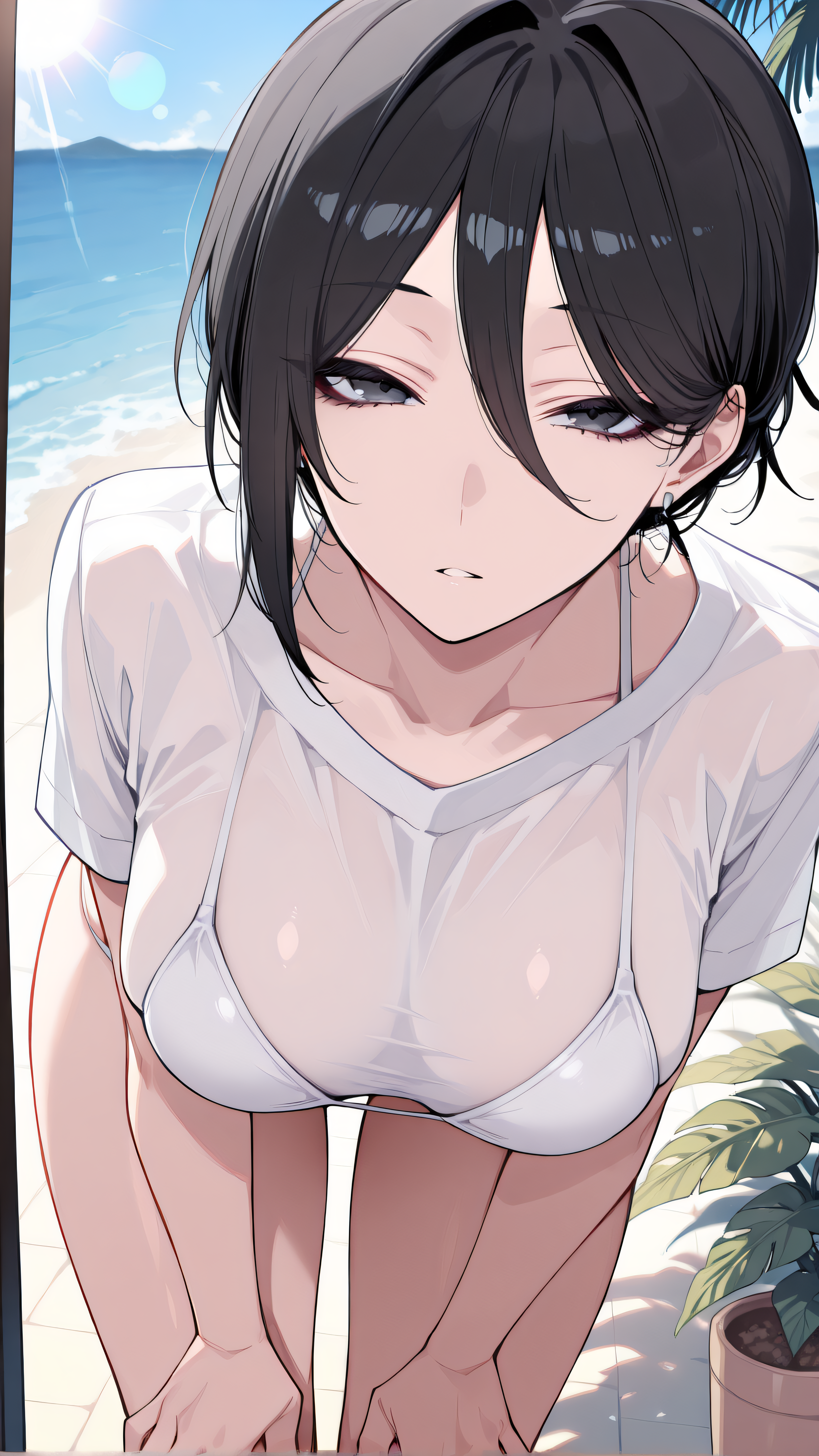1girl, solo,beautiful detailed eyes, single hair bun, hair bun, short hair,  hair between eyes,black hair,black eyes, looking at viewer,,(medium breasts),





silver stud earring, white string bikini, white shirt,skindentation,standing, bent over, hands on thighs, looking at viewer, parted lips,day, beach, ocean, sun, lens flare, plants, palm tree,straight-on, close-up,


















masterpiece,best quality,amazing quality,highres, 



