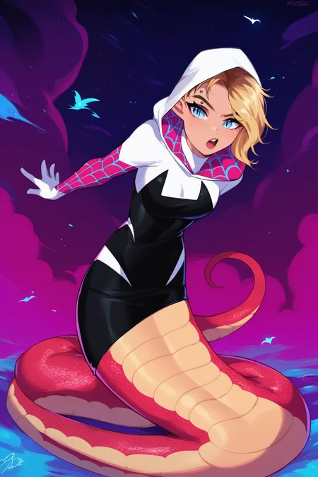 score_9, score_8_up, score_7_up, score_6_up, score_5_up, score_4_up, masterpiece, high quality, full body, <lora:Lamia_Transformation:0.77> Lam1a, scales, snake tail, lamia, pointy ears, slit pupils, <lora:GwenstacySDXL:0.7> gwenstacysdxl, hood, solo, bodysuit, spider web print, hooded bodysuit, superhero, eyebrow piercing, asymmetrical hair, spider web, piercing, blonde hair, blue eyes, skin tight