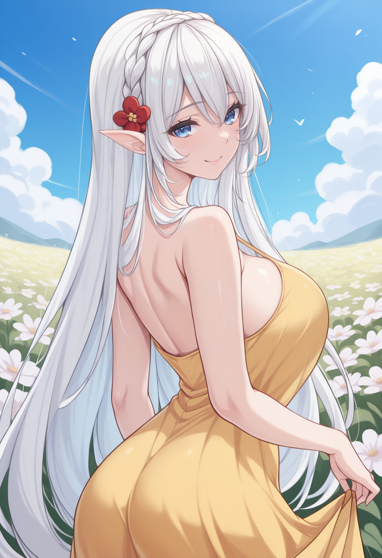 masterpiece, best quality, <break> from behind, solo, 1girl, ku0n a0e, smile, looking back, long hair, white hair, hair between eyes, crown braid, hair ornament, pointy ears, blue eyes, yellow sundress, bare shoulders, large breasts, outdoors, blue sky, flower field
<segment:yolo-Anzhc Face seg 640 v2 y8n.pt,0.4,0.5//cid=1>