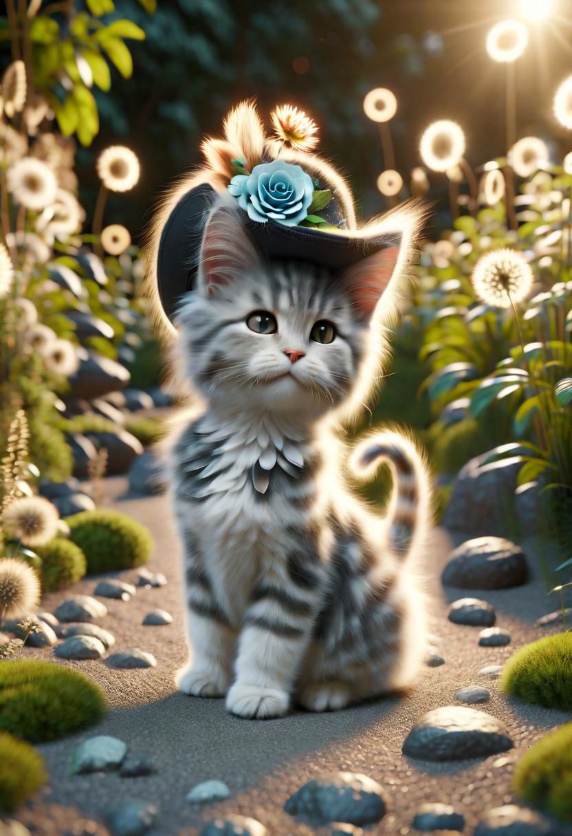 ral-fluff,<lora:ral-fluff:1>,
chibi,masterpiece,best quality,original,official art,silver metallic maincoon cat,hat,flower,blurred background,rendering,beautiful detailed glow,(detailed ice),beautiful detailed sun,sunny, blurred flower, happy
