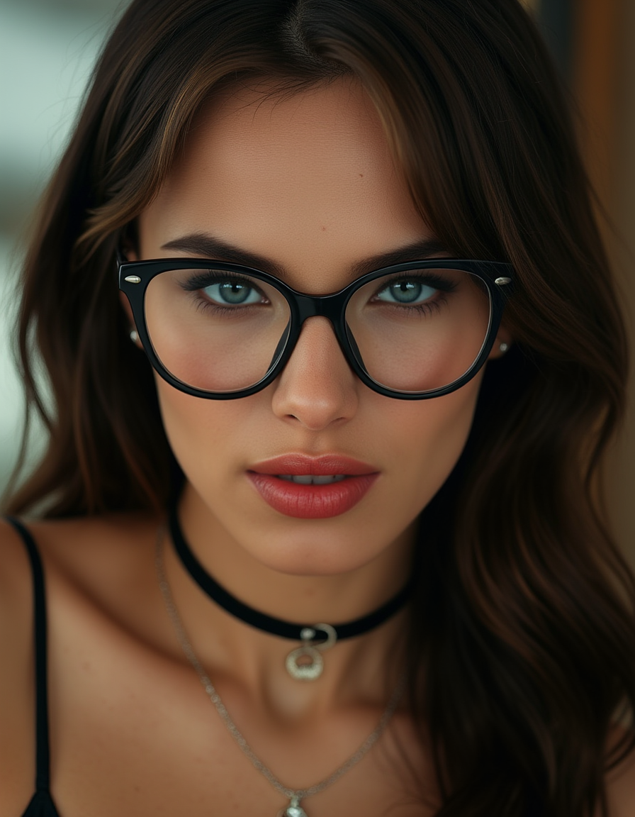 A striking portrait of a fierce woman with piercing eyes and bold, direct eye contact. She wears natural-looking brick-red lipstick and large, avant-garde glasses. The composition embodies a high-fashion editorial aesthetic, blending ethereal beauty with dramatic shadows and luxurious fashion details. The zoomed-out perspective places the subject in 30% of the frame, leaving ample negative space around her head for a modern, minimalist feel. The subtle 3D effect enhances the visual depth, creating a captivating and dynamic image.